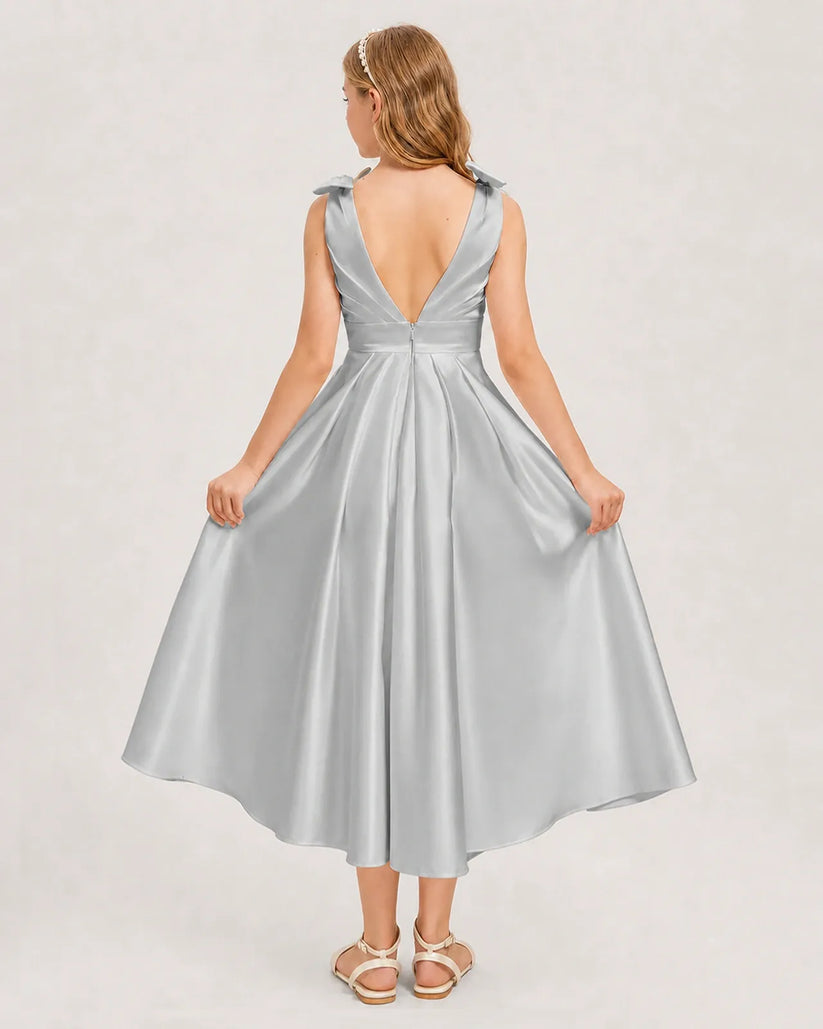 Silver Satin A-line Junior Bridesmaid Dress Back View