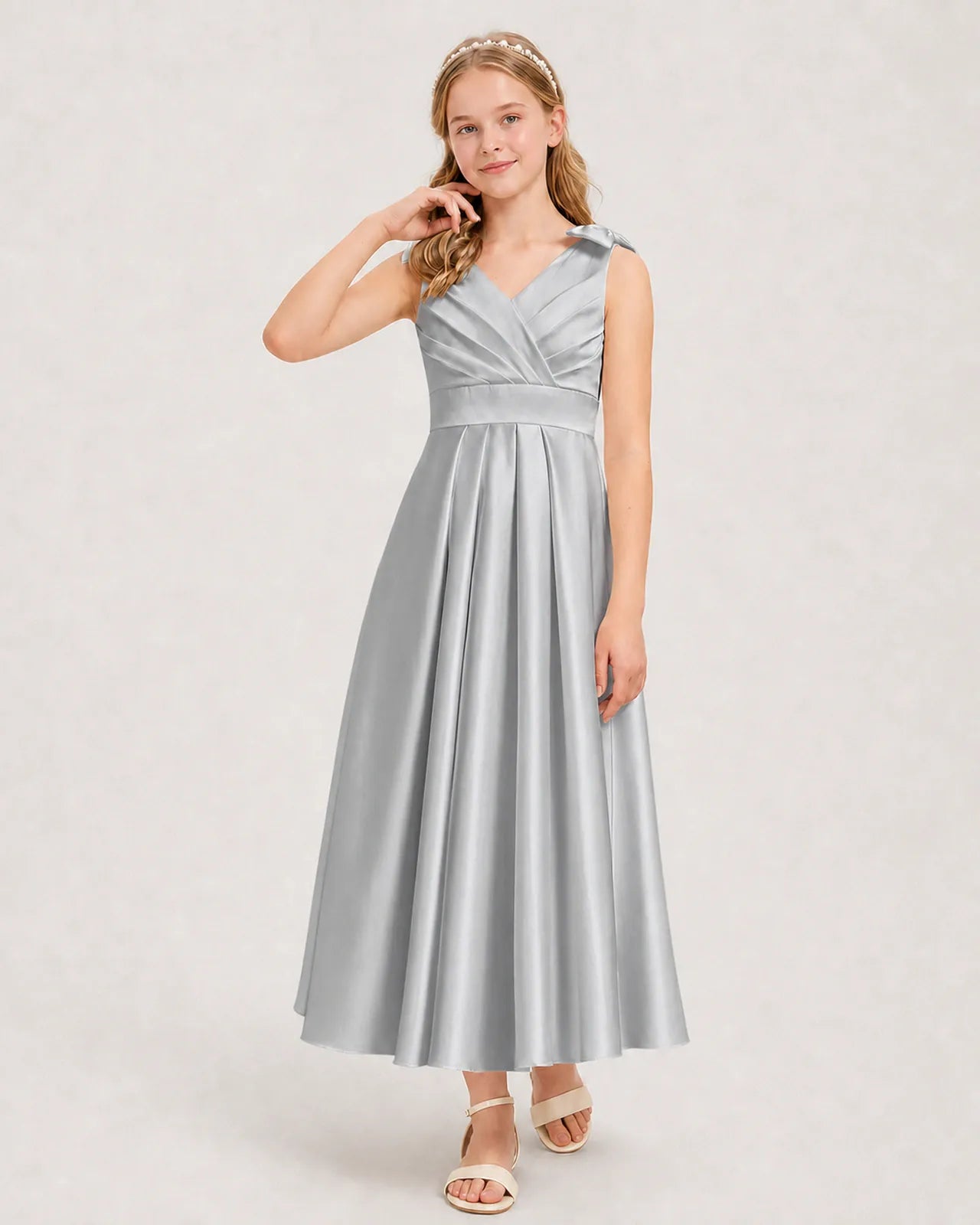 Dideyttawl Satin Junior Bridesmaid Dress with Surplice V-Neck & Pockets, Blush Pink / 6