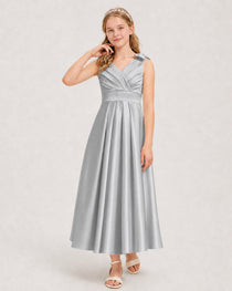 Silver Junior Bridesmaid Dress  Sleeveless V-Back Satin Midi Dress Front View