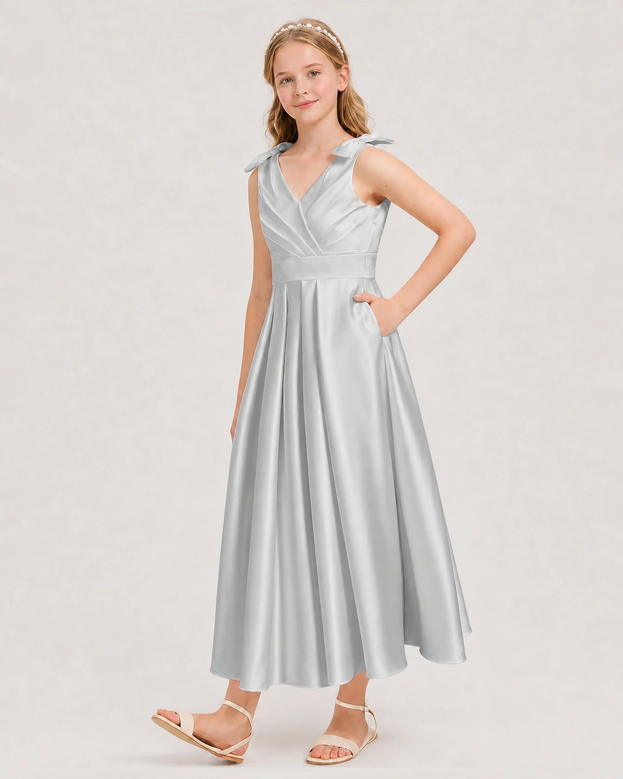 Silver Junior Bridesmaid Dress  Sleeveless V-Back Satin Midi Dress Front View