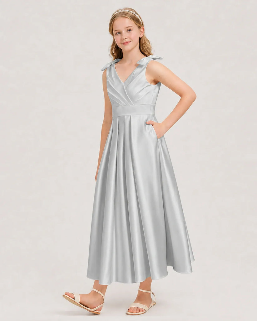 Silver Satin A-line Junior Bridesmaid Dress Front View