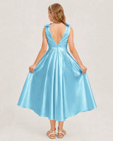 Sky Blue Satin A-line Junior Bridesmaid Dress Back View