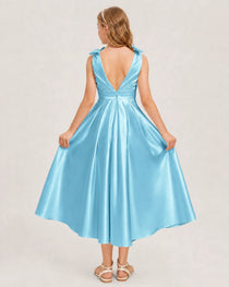 Sky Blue Junior Bridesmaid Dress  Sleeveless V-Back Satin Midi Dress Back View
