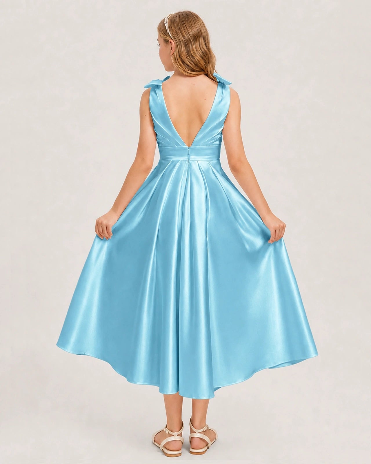 Sky Blue Junior Bridesmaid Dress  Sleeveless V-Back Satin Midi Dress Back View