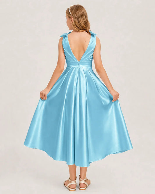 Sky Blue Satin A-line Junior Bridesmaid Dress Back View