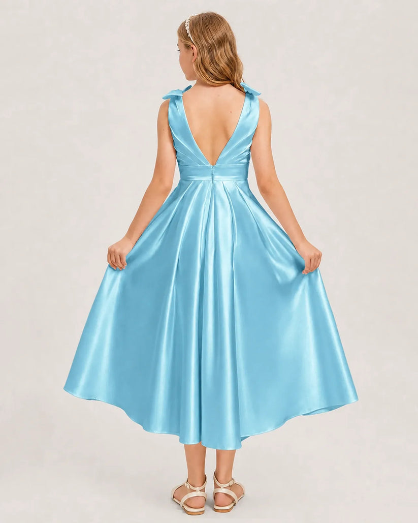 Sky Blue Satin A-line Junior Bridesmaid Dress Back View
