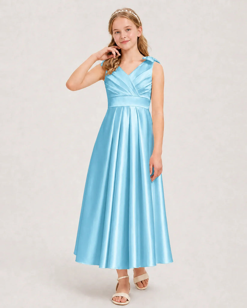 Sky Blue Satin A-line Junior Bridesmaid Dress Front View