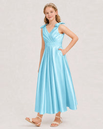 Sky Blue Junior Bridesmaid Dress  Sleeveless V-Back Satin Midi Dress Front View
