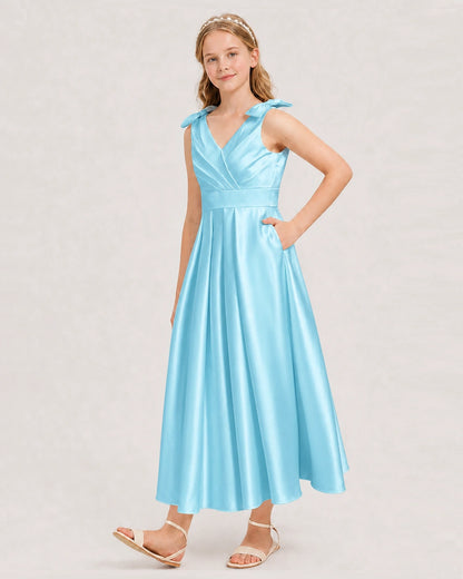 Sky Blue Junior Bridesmaid Dress  Sleeveless V-Back Satin Midi Dress Front View