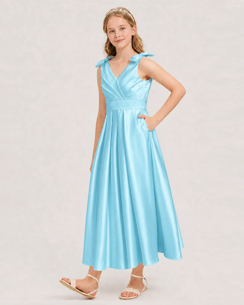 Sky Blue Satin A-line Junior Bridesmaid Dress Front View