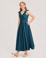 Teal Satin A-line Junior Bridesmaid Dress Front View