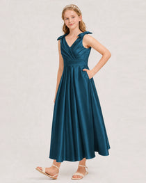 Teal Junior Bridesmaid Dress  Sleeveless V-Back Satin Midi Dress Front View