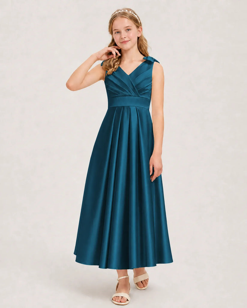 Teal Satin A-line Junior Bridesmaid Dress Front View