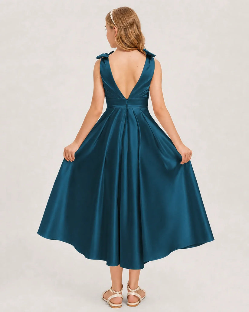 Teal Satin A-line Junior Bridesmaid Dress Back View