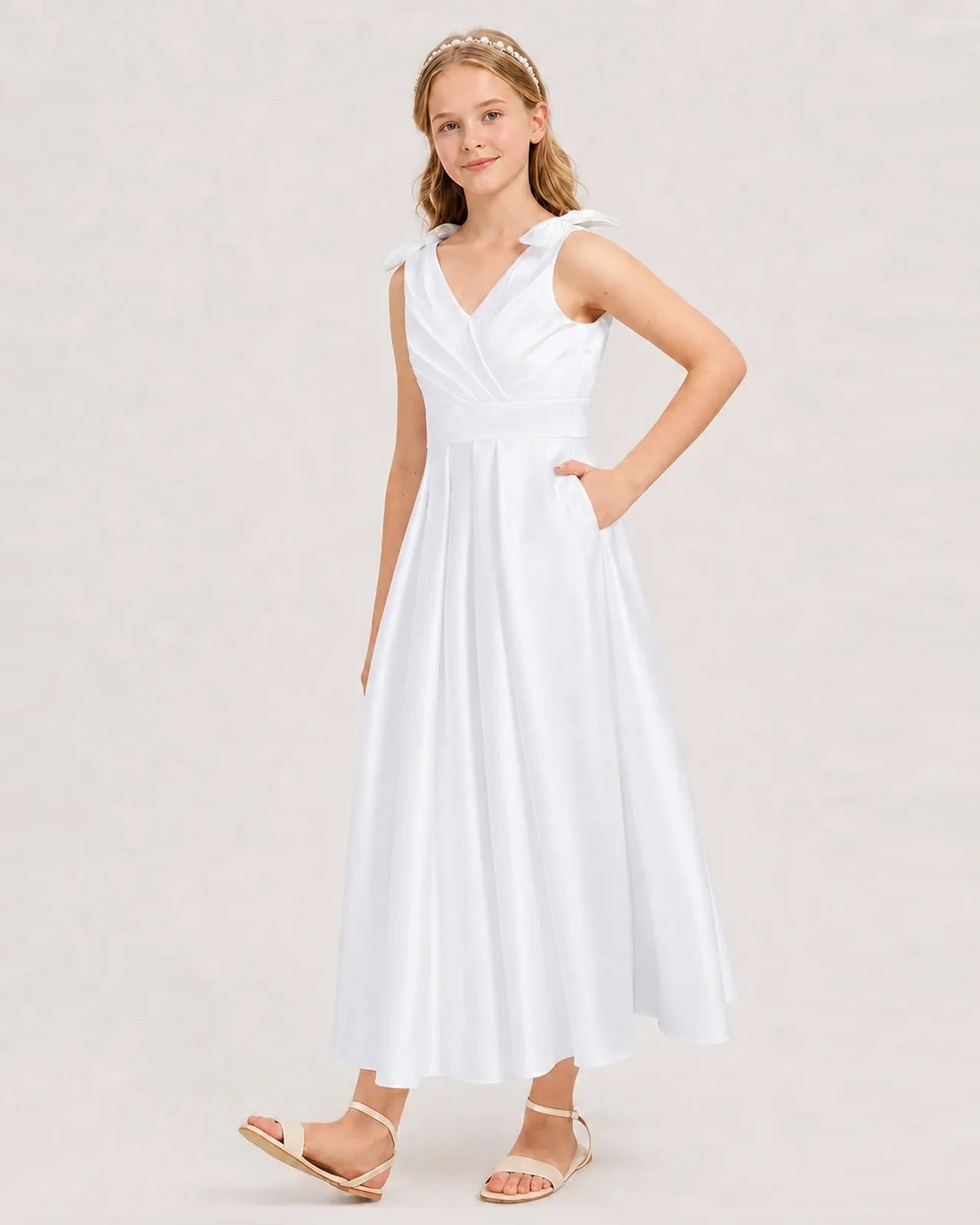 Dideyttawl Satin Junior Bridesmaid Dress with Surplice V-Neck & Pockets, White / 8