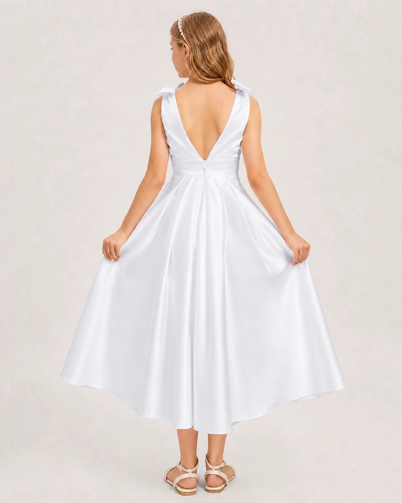 White Junior Bridesmaid Dress Sleeveless V-Back Satin Midi Dress Back View