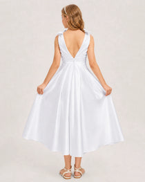 White Junior Bridesmaid Dress Sleeveless V-Back Satin Midi Dress Back View