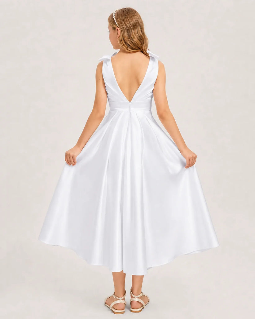 White Satin A-line Junior Bridesmaid Dress Back View