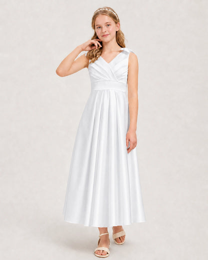 White Junior Bridesmaid Dress Sleeveless V-Back Satin Midi Dress Front View