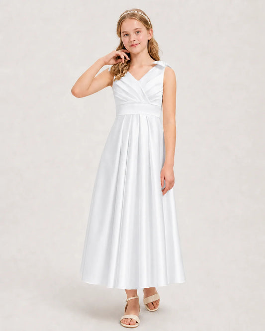 White Satin A-line Junior Bridesmaid Dress Front View