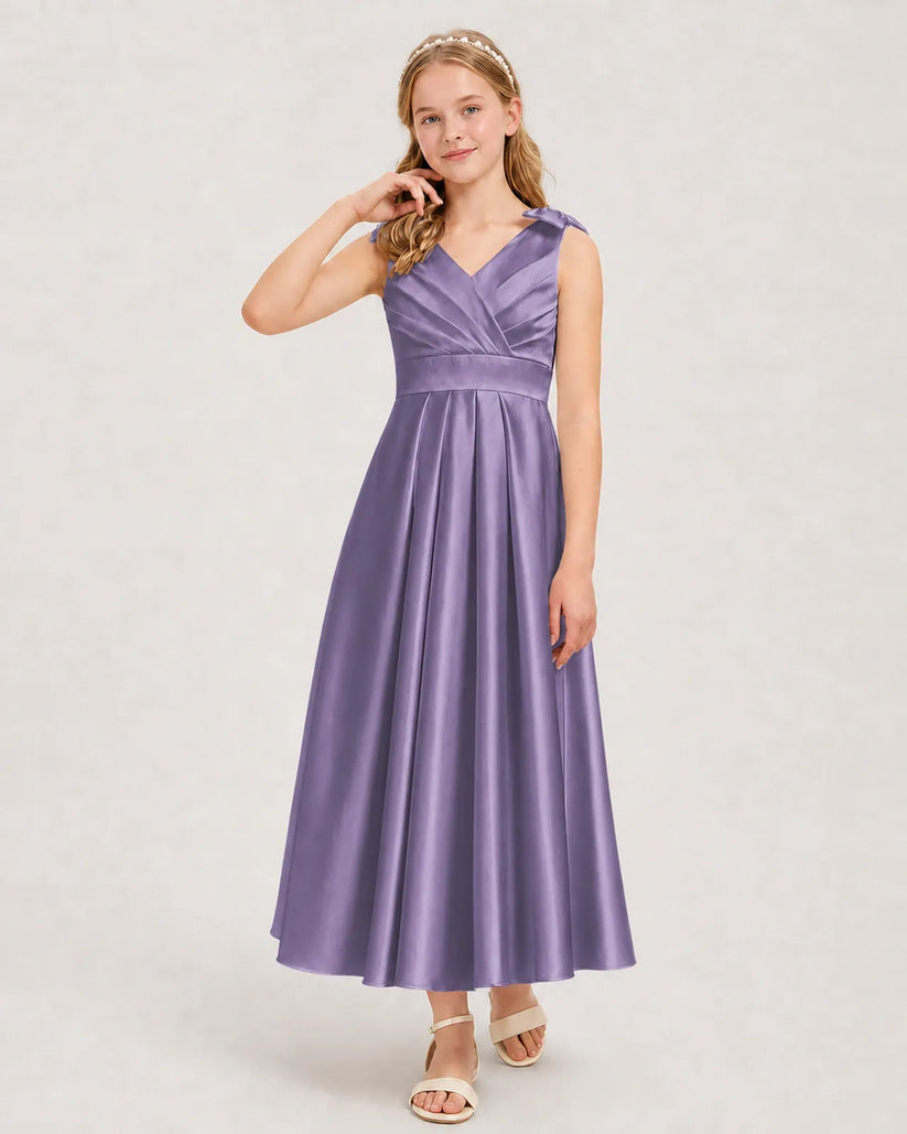 Wisteria Satin A-line Junior Bridesmaid Dress Front View