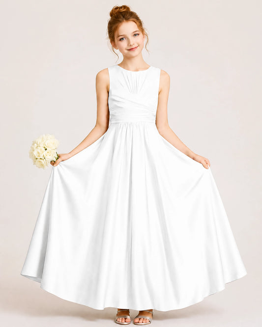 White Satin A-line Junior Bridesmaid Dress Front View