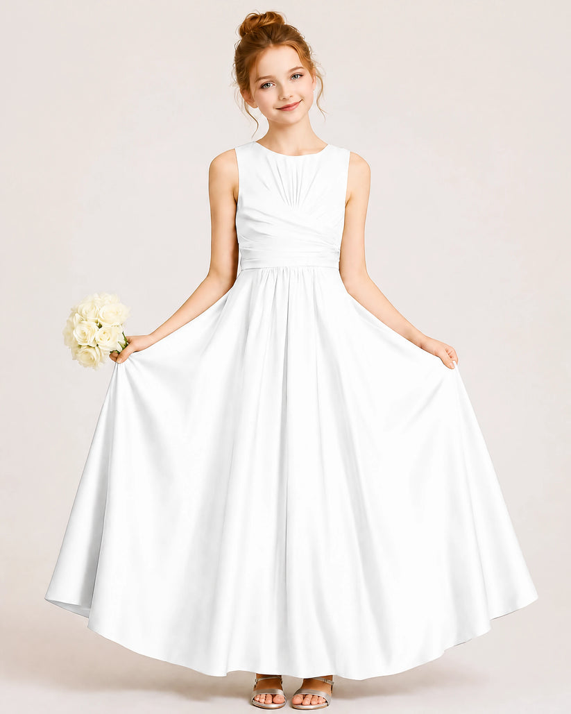 White Satin A-line Junior Bridesmaid Dress Front View