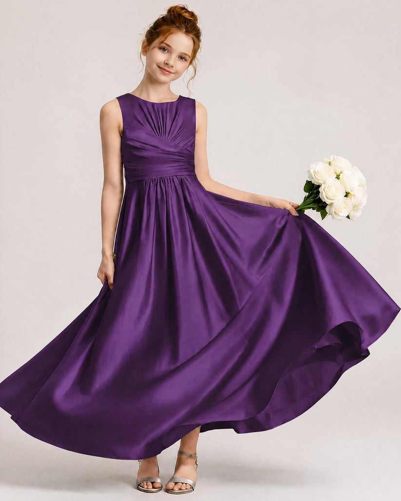 Purple Satin A-line Junior Bridesmaid Dress Front View