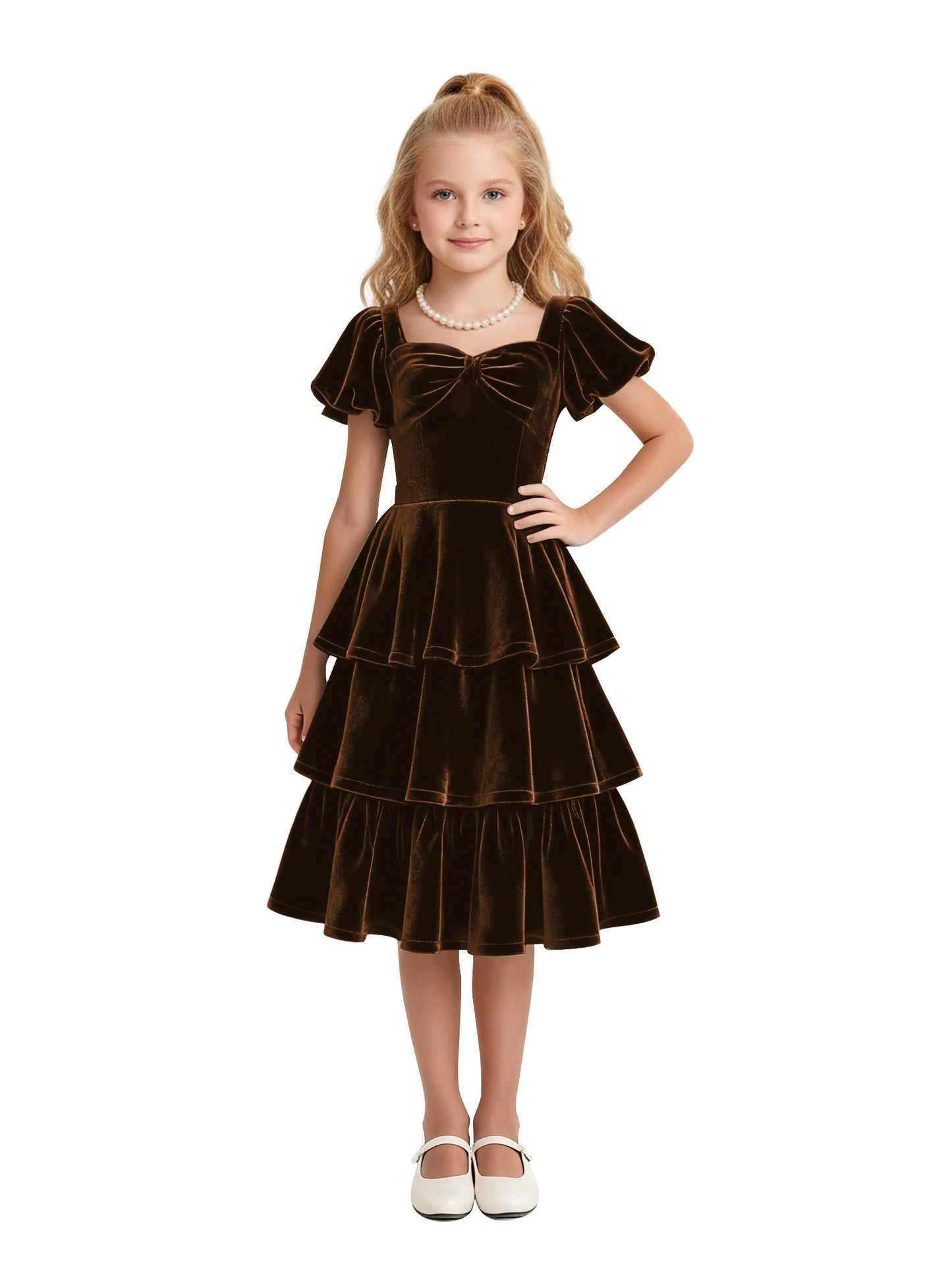 dideyttawl Girls Pleated Velvet Knee Length Junior Bridesmaid Dress with Short Lantern Sleeves 2543