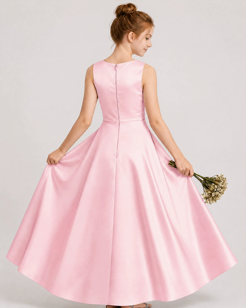 Pink Satin A-line Junior Bridesmaid Dress Back View