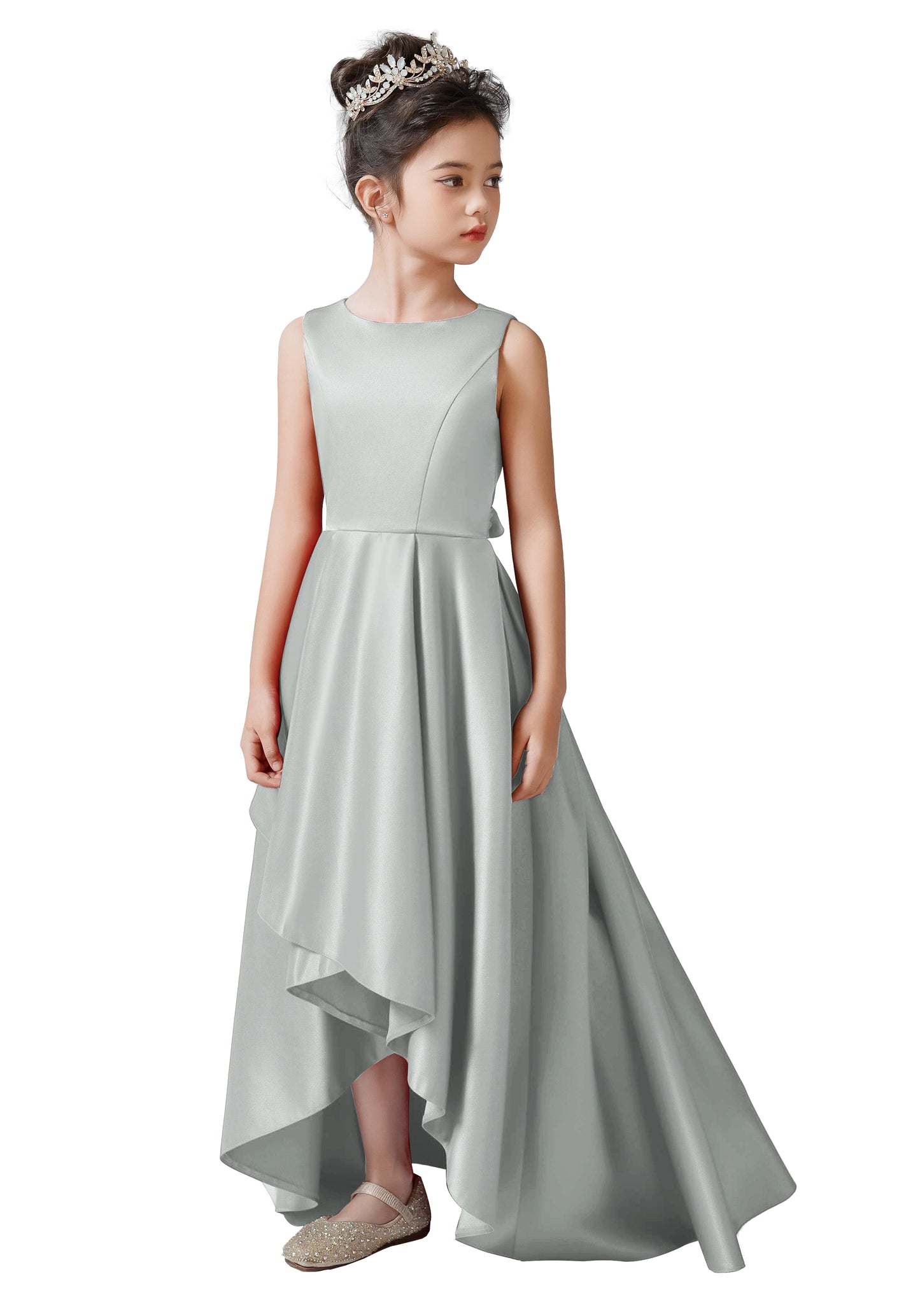 Satin Flower Girls Dress Sleeveless Hi-Lo Girls Party Dresses Formal Special Occasion Dress Wedding Junior Bridesmaid Dress Prom Ball Gown
