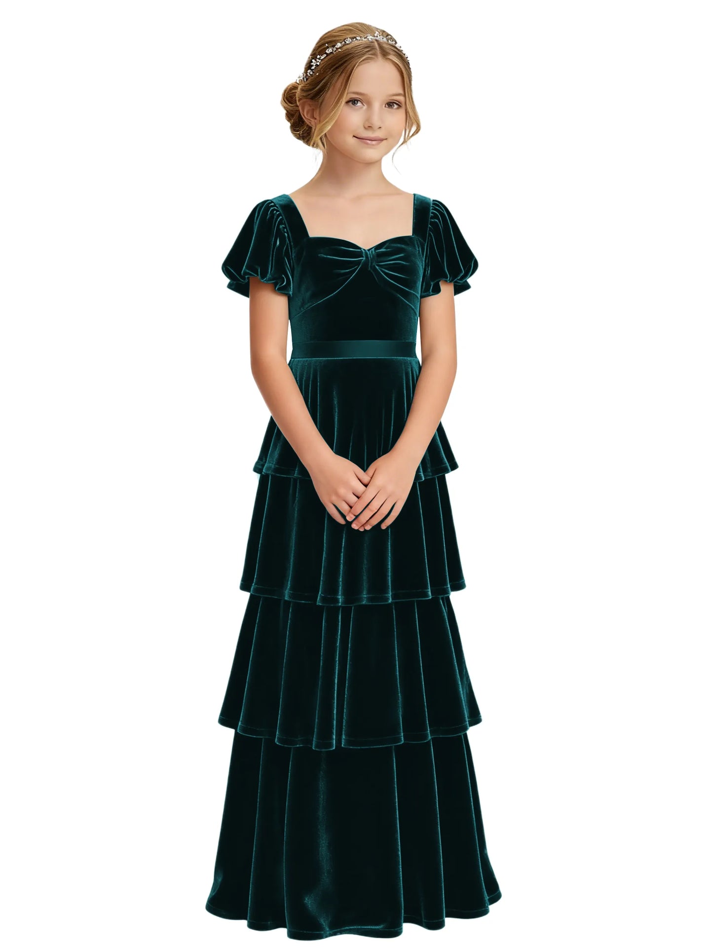 Dideyttawl Burgundy Velvet Junior Bridesmaid Dress Puff Sleeve Tiered Ruffle Formal Dress