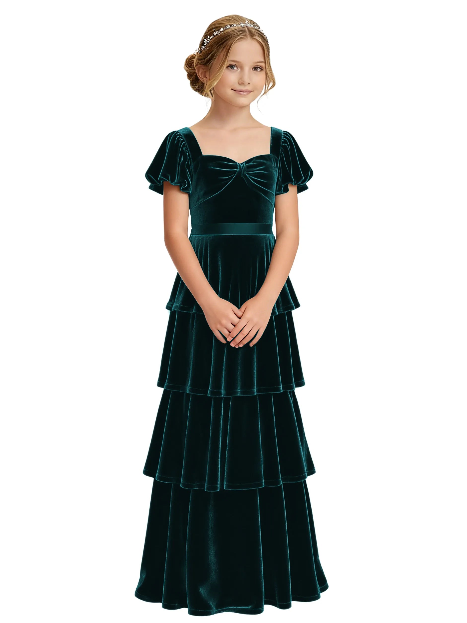 Dideyttawl Burgundy Velvet Girls Formal Dress Puff Sleeve Tiered Ruffle Formal Dress