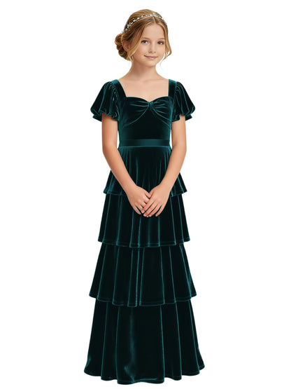Dideyttawl Burgundy Velvet Junior Bridesmaid Dress Puff Sleeve Tiered Ruffle Formal Dress