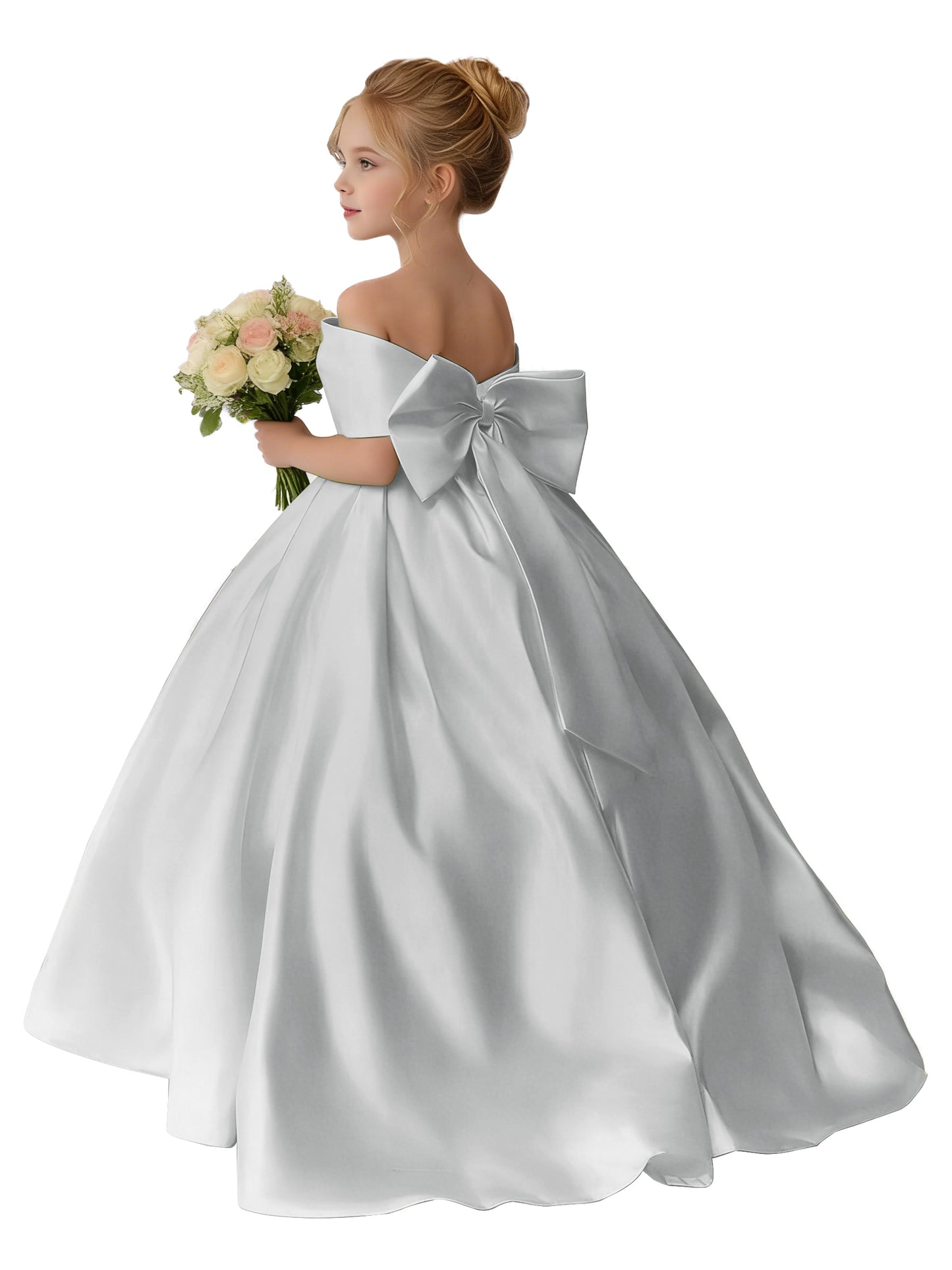 Dideyttawl Satin Flower Girl Dress A Line Off Shoulder Formal Ball Gown Bow Back