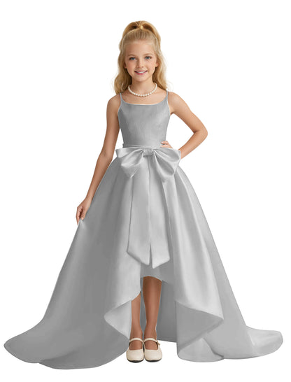 dideyttawl High-Low Big Bow Junior Bridesmaid Dresses for Girls 4-16 Satin A-Line Pageant Formal Party Dress 2535