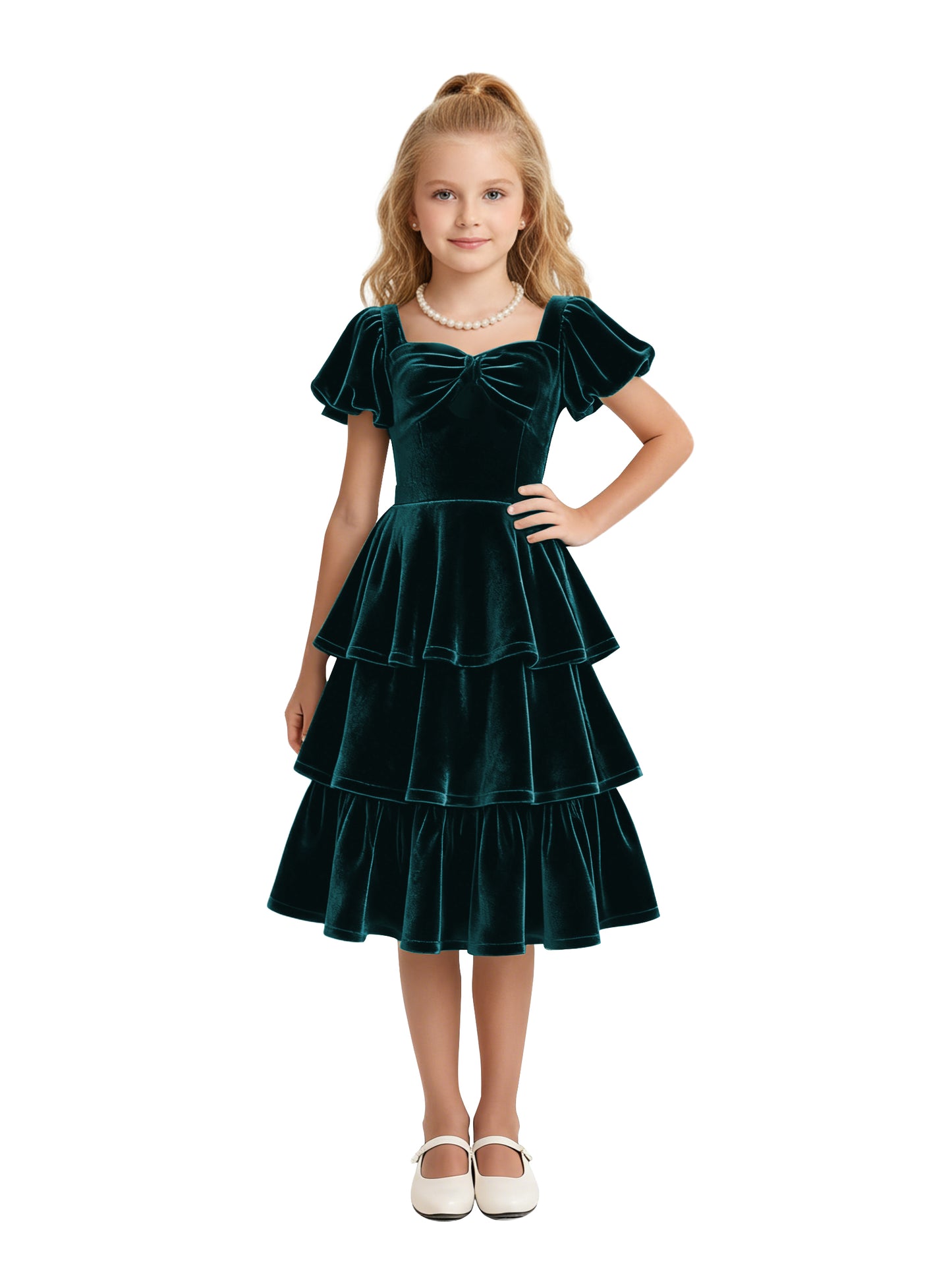 dideyttawl Girls Pleated Velvet Knee Length Junior Bridesmaid Dress with Short Lantern Sleeves 2543