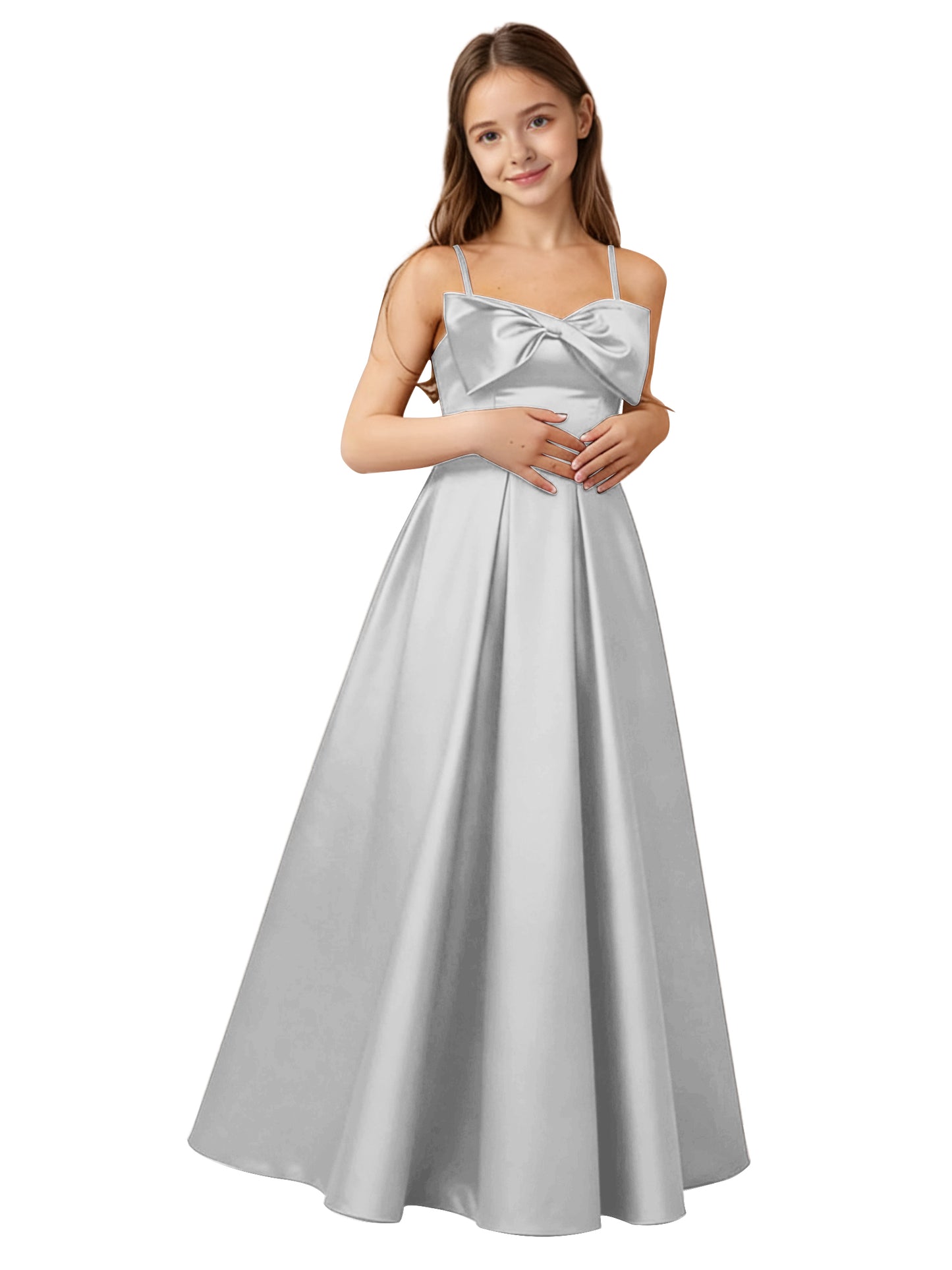 dideyttawl 2026 Girls Satin Prom Ball Gown with Big Bow Maxi Spaghetti Straps Junior Bridesmaid Flower Girl Dress 2548