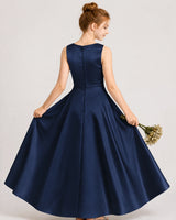 Navy Blue Satin A-line Junior Bridesmaid Dress Back View