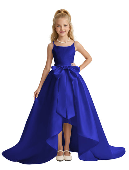 dideyttawl High-Low Big Bow Junior Bridesmaid Dresses for Girls 4-16 Satin A-Line Pageant Formal Party Dress 2535