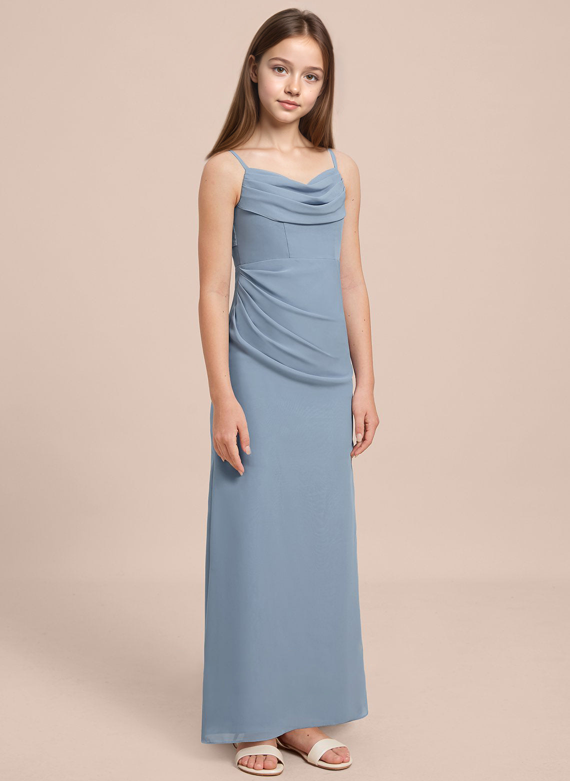 dideyttawl Long Sheathe Junior Bridesmaid Dresses for Girls Chiffon A-Line Ruched Cowl Neck Wedding Flower Girls Dress 2512