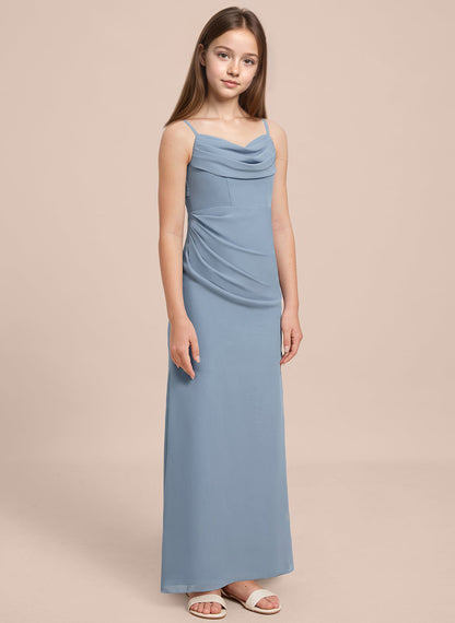 dideyttawl Long Sheathe Junior Bridesmaid Dresses for Girls Chiffon A-Line Ruched Cowl Neck Wedding Flower Girls Dress 2512