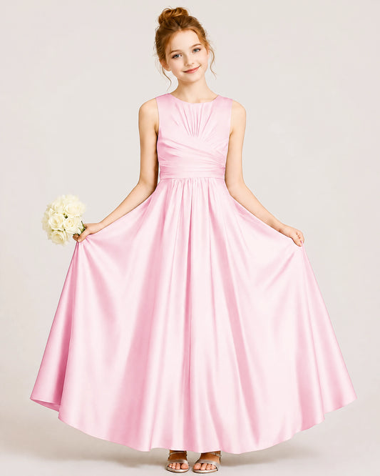 Pink Satin A-line Junior Bridesmaid Dress Front View