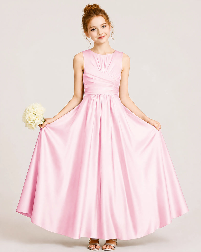 Pink Satin A-line Junior Bridesmaid Dress Front View