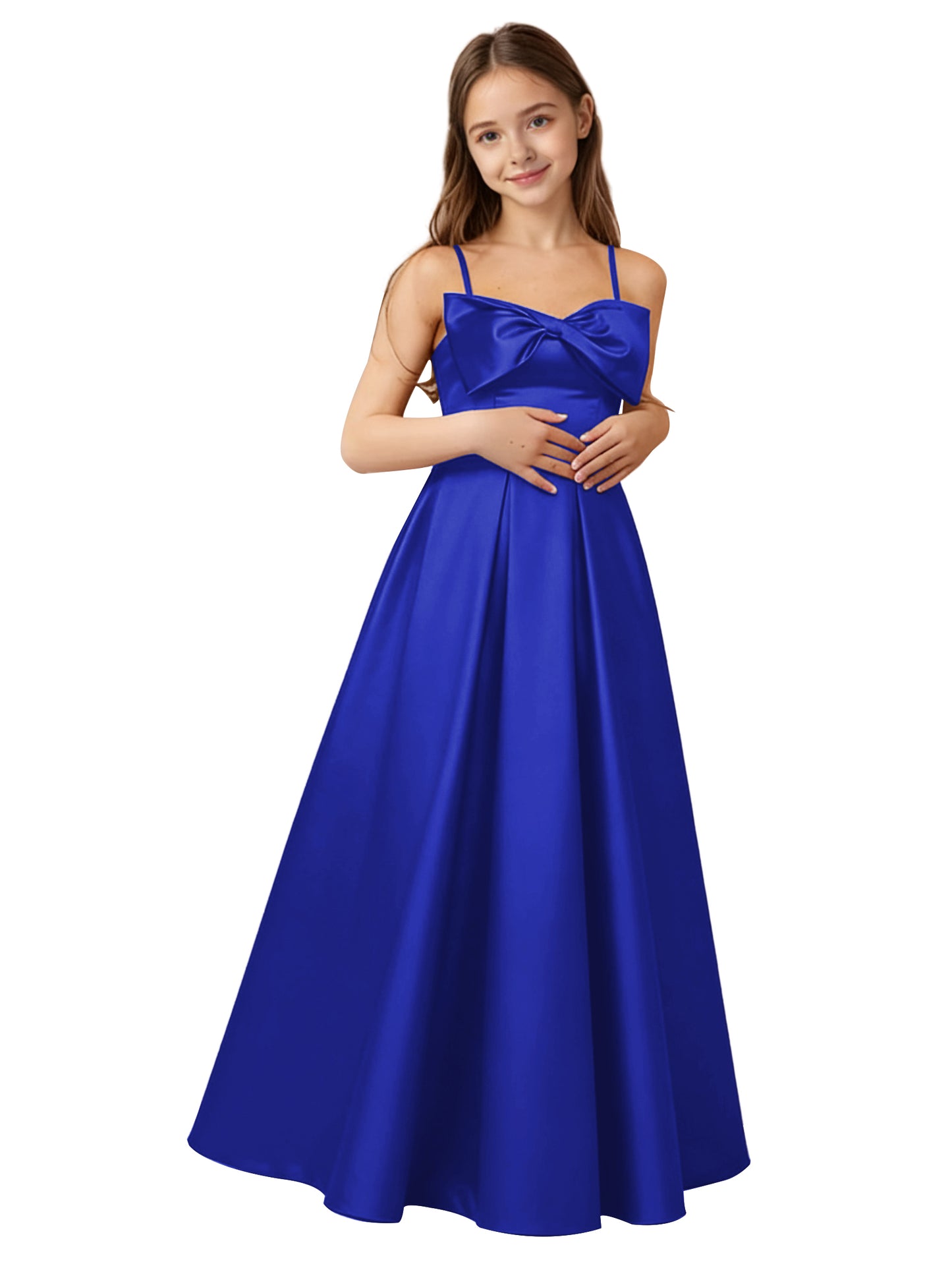 dideyttawl 2026 Girls Satin Prom Ball Gown with Big Bow Maxi Spaghetti Straps Junior Bridesmaid Flower Girl Dress 2548