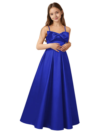 dideyttawl 2026 Girls Satin Prom Ball Gown with Big Bow Maxi Spaghetti Straps Junior Bridesmaid Flower Girl Dress 2548