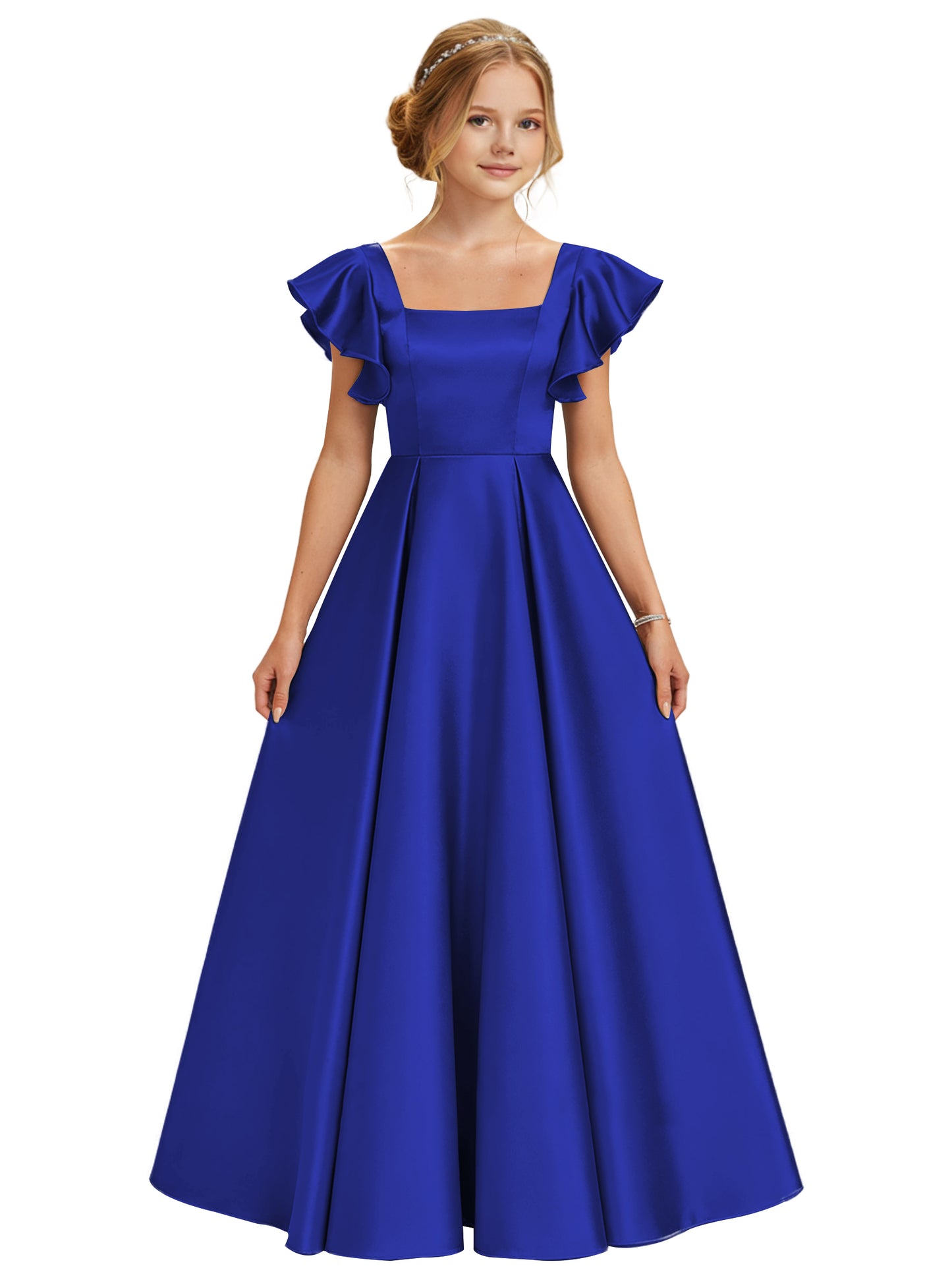 dideyttawl 2026 Girls Satin Prom Ball Gown Princess Dress Maxi Ruffle Sleeve Junior Bridesmaid Flower Girl Dresses 2546