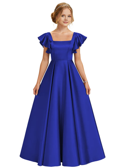dideyttawl 2026 Girls Satin Prom Ball Gown Princess Dress Maxi Ruffle Sleeve Junior Bridesmaid Flower Girl Dresses 2546