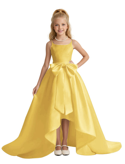 dideyttawl High-Low Big Bow Junior Bridesmaid Dresses for Girls 4-16 Satin A-Line Pageant Formal Party Dress 2535