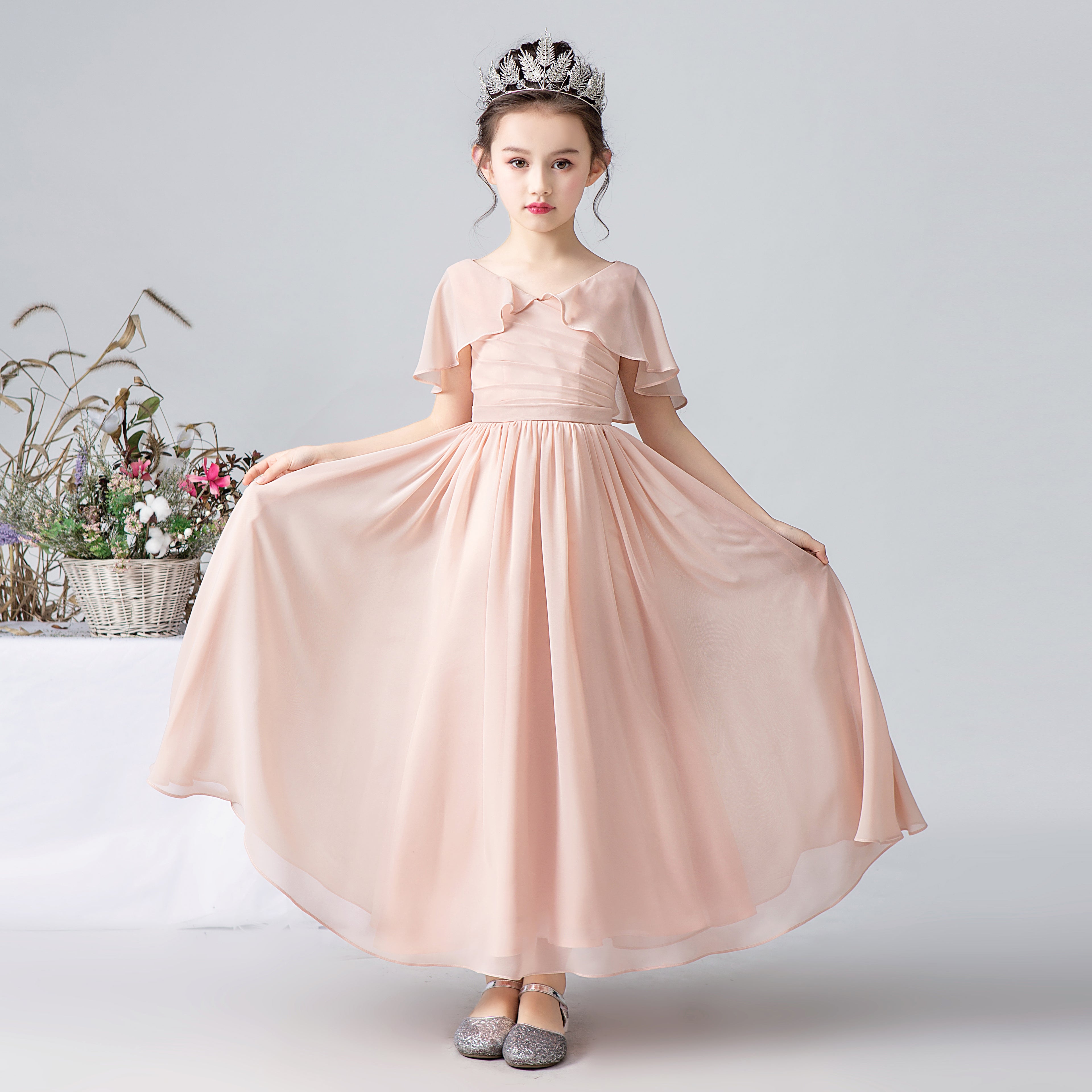 Dideyttawl Cape Sleeves Chiffon Junior Bridesmaid Dress for Wedding